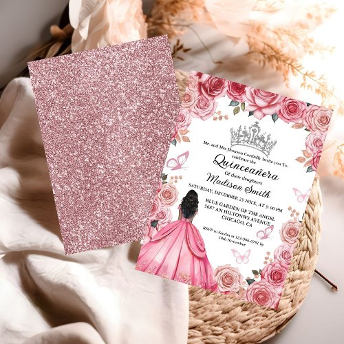 Elegant Dusty Pink Floral Butterfly Quinceanera  Invitation