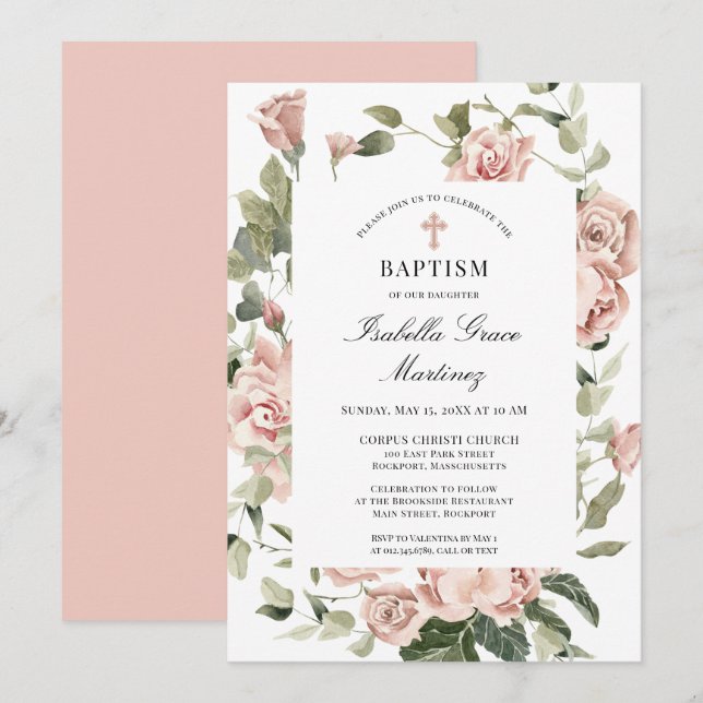 Elegant Dusty Pink Floral Cross Baptism  Invitation (Front/Back)