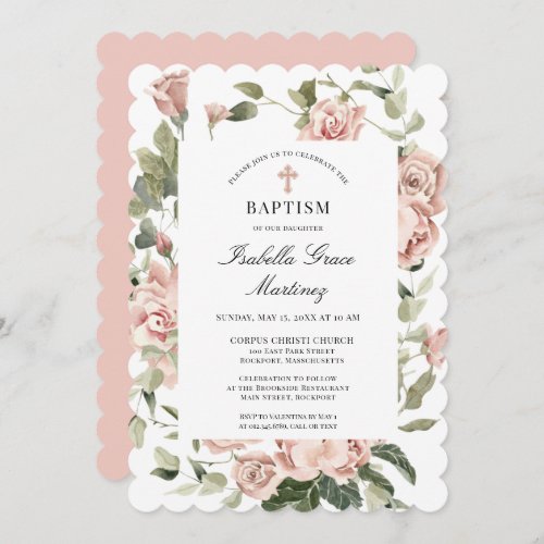 Elegant Dusty Pink Floral Cross Baptism Invitation