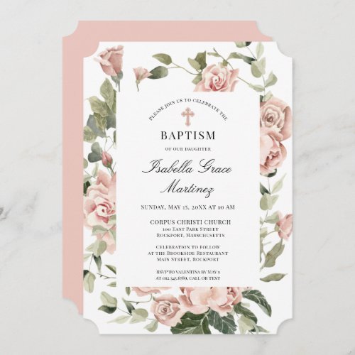 Elegant Dusty Pink Floral Cross Baptism Invitation