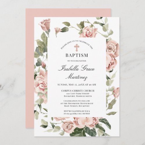 Elegant Dusty Pink Floral Cross Baptism Invitation