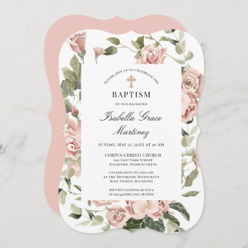 Elegant Dusty Pink Floral Cross Baptism  Invitation