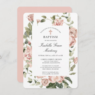 Elegant Dusty Pink Floral Cross Baptism Invitation