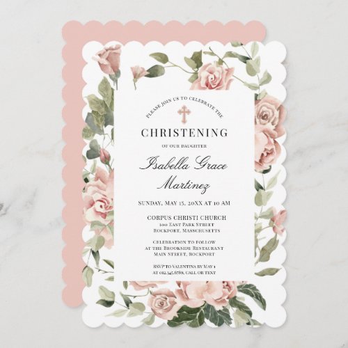 Elegant Dusty Pink Floral Cross Christening Invitation