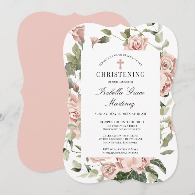 Elegant Dusty Pink Floral Cross Christening Invitation (Front/Back)