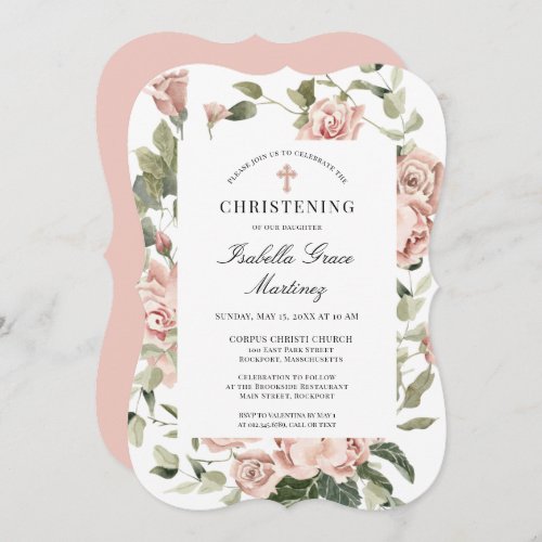 Elegant Dusty Pink Floral Cross Christening Invitation