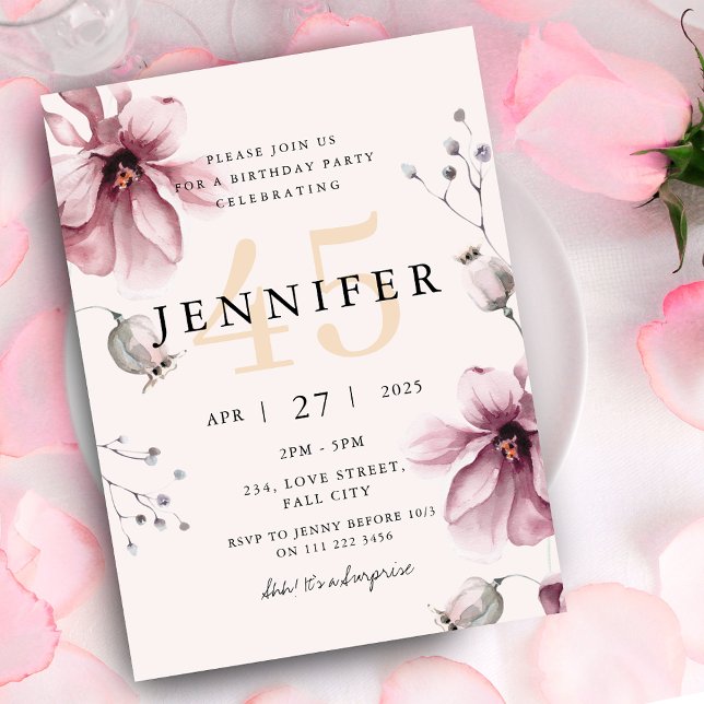 Elegant Dusty Pink Floral Fall Birthday  Invitation (Elegant Dusty Pink Floral Fall Birthday Invitation)