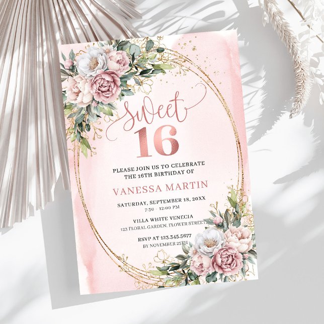 Elegant Dusty Pink Floral Greenery Sweet Sixteen  Invitation (Elegant Dusty Pink Floral Greenery Sweet Sixteen Invitation

)