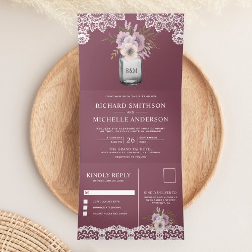 Elegant Dusty Pink Floral Mason Jar Lace Wedding Tri_Fold Invitation