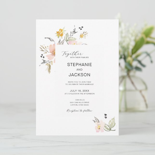 Elegant Dusty Pink Floral Watercolor Wedding Invitation (Standing Front)