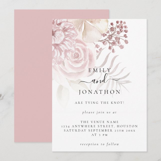 Elegant Dusty Pink Florals Informal Script Wedding Invitation (Front/Back)