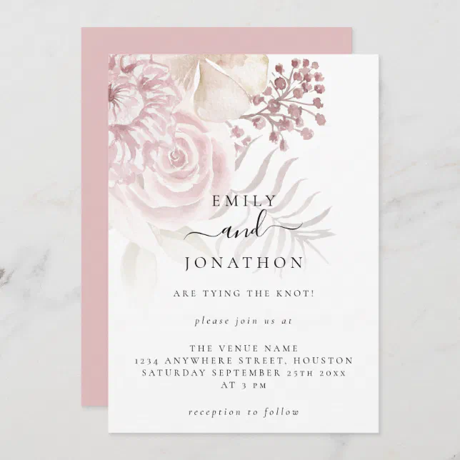 Elegant Dusty Pink Florals Informal Script Wedding Invitation 