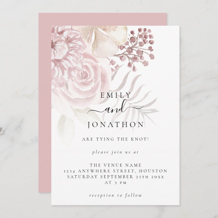 Elegant Dusty Pink Florals Informal Script Wedding Invitation | Zazzle