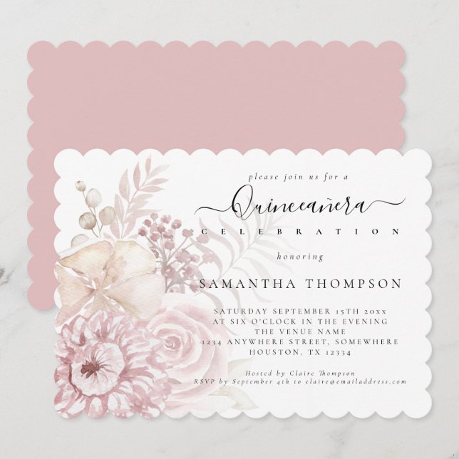 Elegant Dusty Pink Florals Quinceañera Invitation (Front/Back)