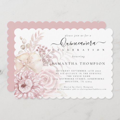 Elegant Dusty Pink Florals Quinceaera Invitation