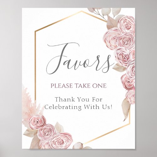 Elegant Dusty Pink Flowers Gold Wedding Favor Sign