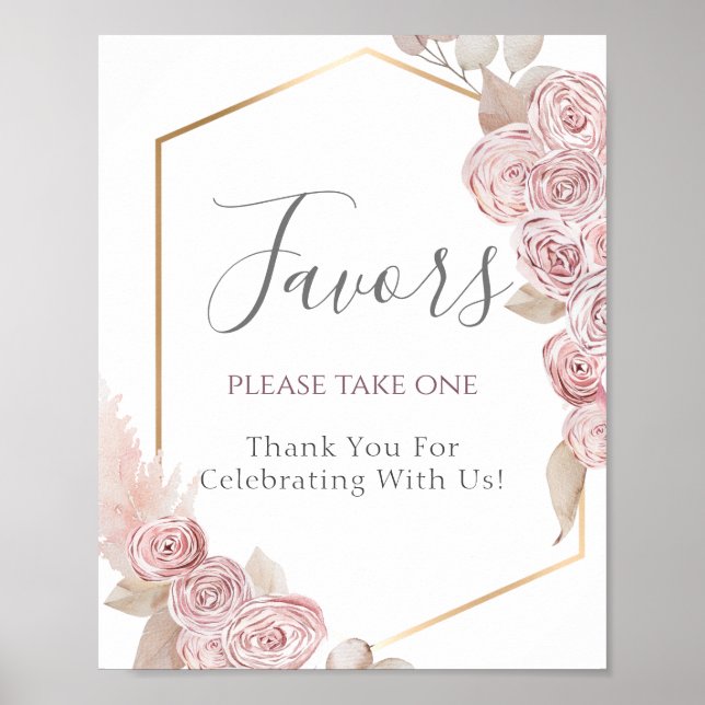 Elegant Dusty Pink Flowers Gold Wedding Favor Sign (Front)