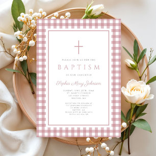 Elegant Dusty Pink Gingham Girl Baptism Invitation