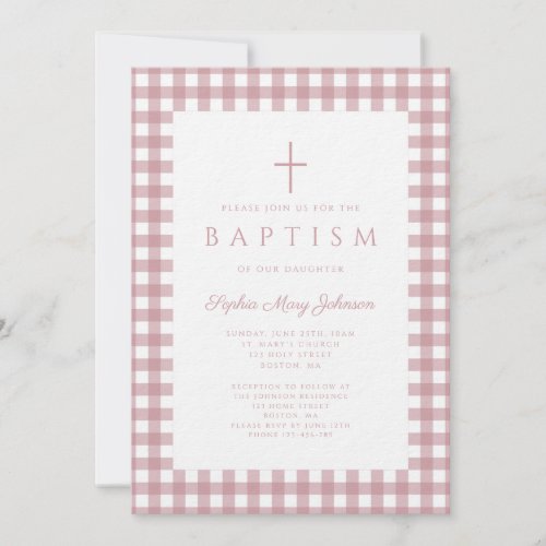 Elegant Dusty Pink Gingham Girl Baptism Invitation