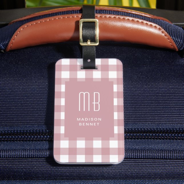 Elegant Dusty Pink Gingham Monogram Luggage Tag (Front Insitu 2)