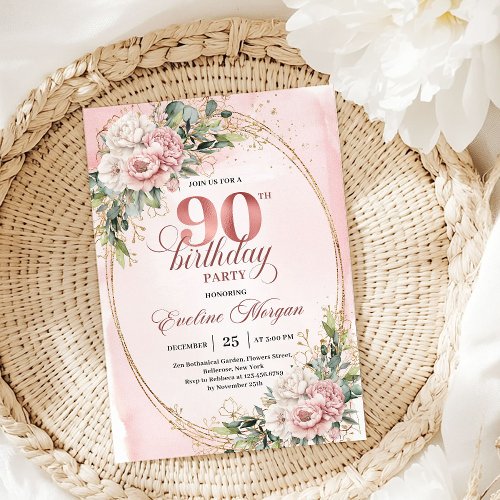 Elegant Dusty Pink Gold Greenery 90th Birthday 