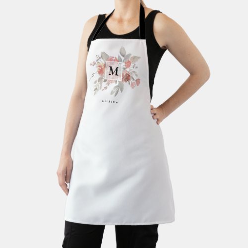 Elegant Dusty Pink Gray Flower Monogram Apron