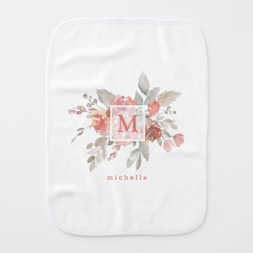 Elegant Dusty Pink Gray Flower Monogram  Baby Burp Cloth
