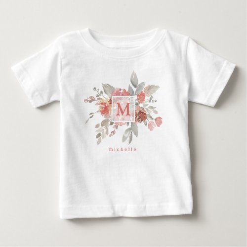 Elegant Dusty Pink Gray Flower Monogram  Baby T_Shirt