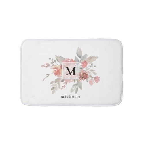 Elegant Dusty Pink Gray Flower Monogram Bath Mat