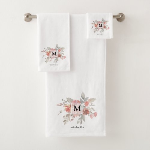 Elegant Dusty Pink Gray Flower Monogram Bath Towel Set