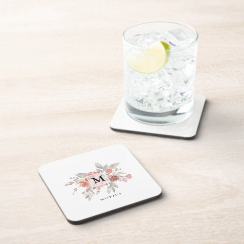 Elegant Dusty Pink Gray Flower Monogram Beverage Coaster