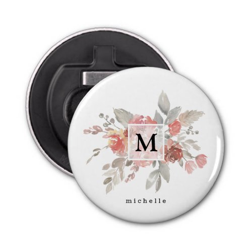 Elegant Dusty Pink Gray Flower Monogram Bottle Opener