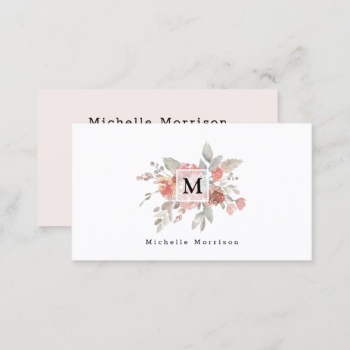 Elegant Dusty Pink Gray Flower Monogram Business Card