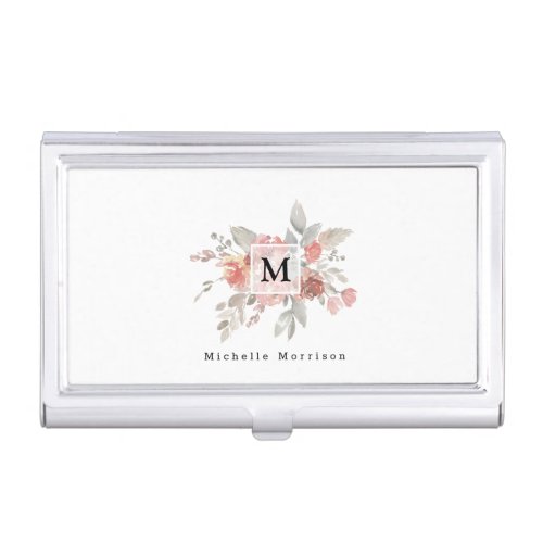 Elegant Dusty Pink Gray Flower Monogram Business Card Case
