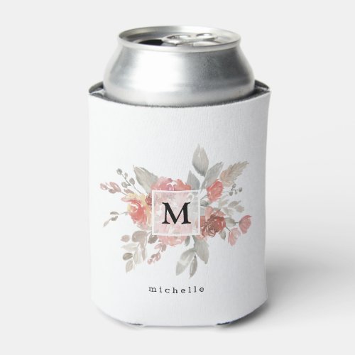 Elegant Dusty Pink Gray Flower Monogram Can Cooler