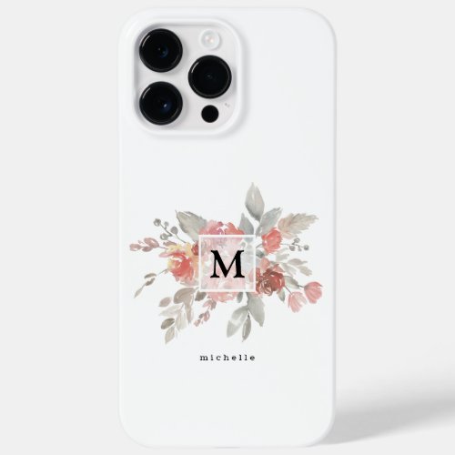 Elegant Dusty Pink Gray Flower Monogram Case_Mate iPhone 14 Pro Max Case