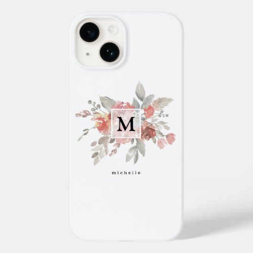Elegant Dusty Pink Gray Flower Monogram Case_Mate iPhone 14 Case