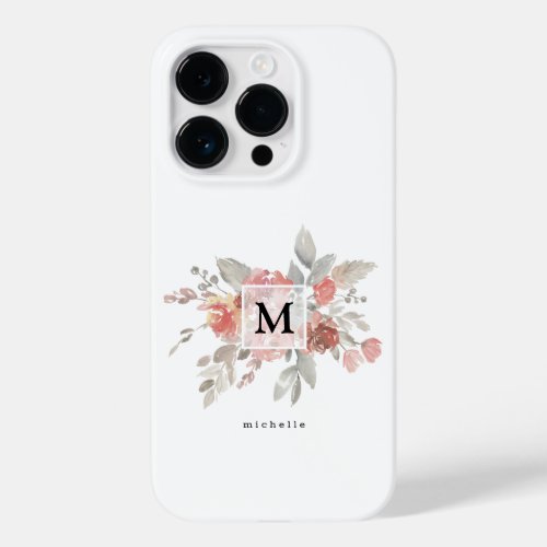 Elegant Dusty Pink Gray Flower Monogram Case_Mate iPhone 14 Pro Case