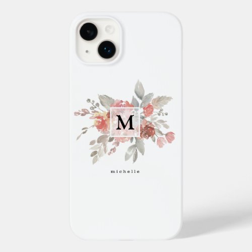 Elegant Dusty Pink Gray Flower Monogram Case_Mate iPhone 14 Plus Case