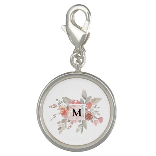 Elegant Dusty Pink Gray Flower Monogram  Charm