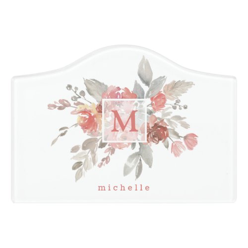 Elegant Dusty Pink Gray Flower Monogram  Door Sign