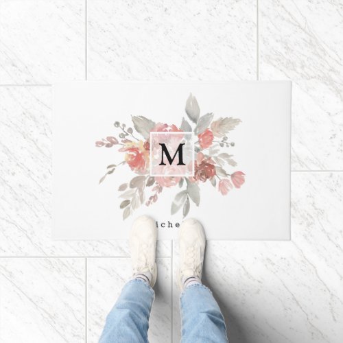 Elegant Dusty Pink Gray Flower Monogram Doormat