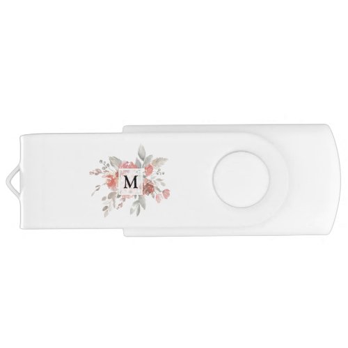 Elegant Dusty Pink Gray Flower Monogram Flash Drive