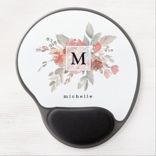 Elegant Dusty Pink Gray Flower Monogram Gel Mouse Pad