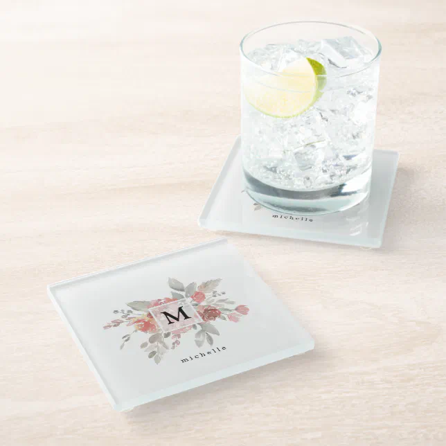 Elegant Dusty Pink Gray Flower Monogram Glass Coaster Zazzle 0497