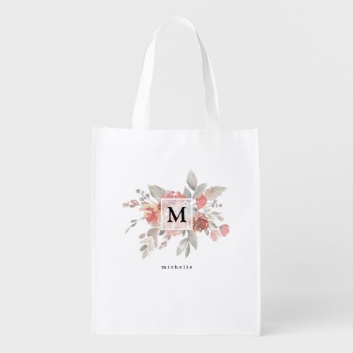 Elegant Dusty Pink Gray Flower Monogram Grocery Bag