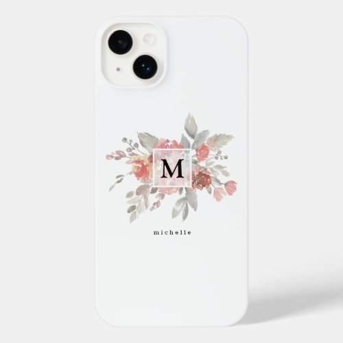 Elegant Dusty Pink Gray Flower Monogram iPhone 14 Plus Case