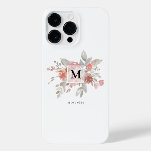 Elegant Dusty Pink Gray Flower Monogram iPhone 14 Pro Max Case