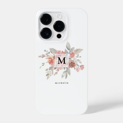 Elegant Dusty Pink Gray Flower Monogram iPhone 14 Pro Case
