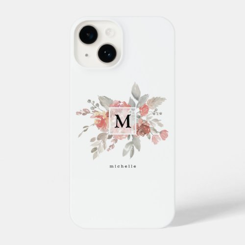 Elegant Dusty Pink Gray Flower Monogram iPhone 14 Case